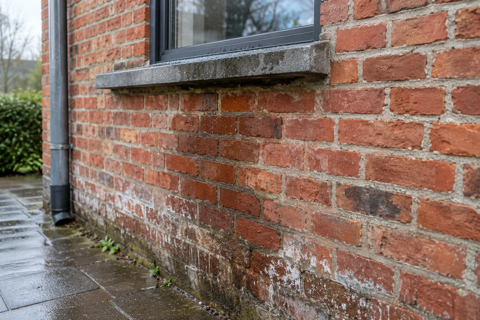 Vochtige bakstenen gevel en beschadigde voegen
